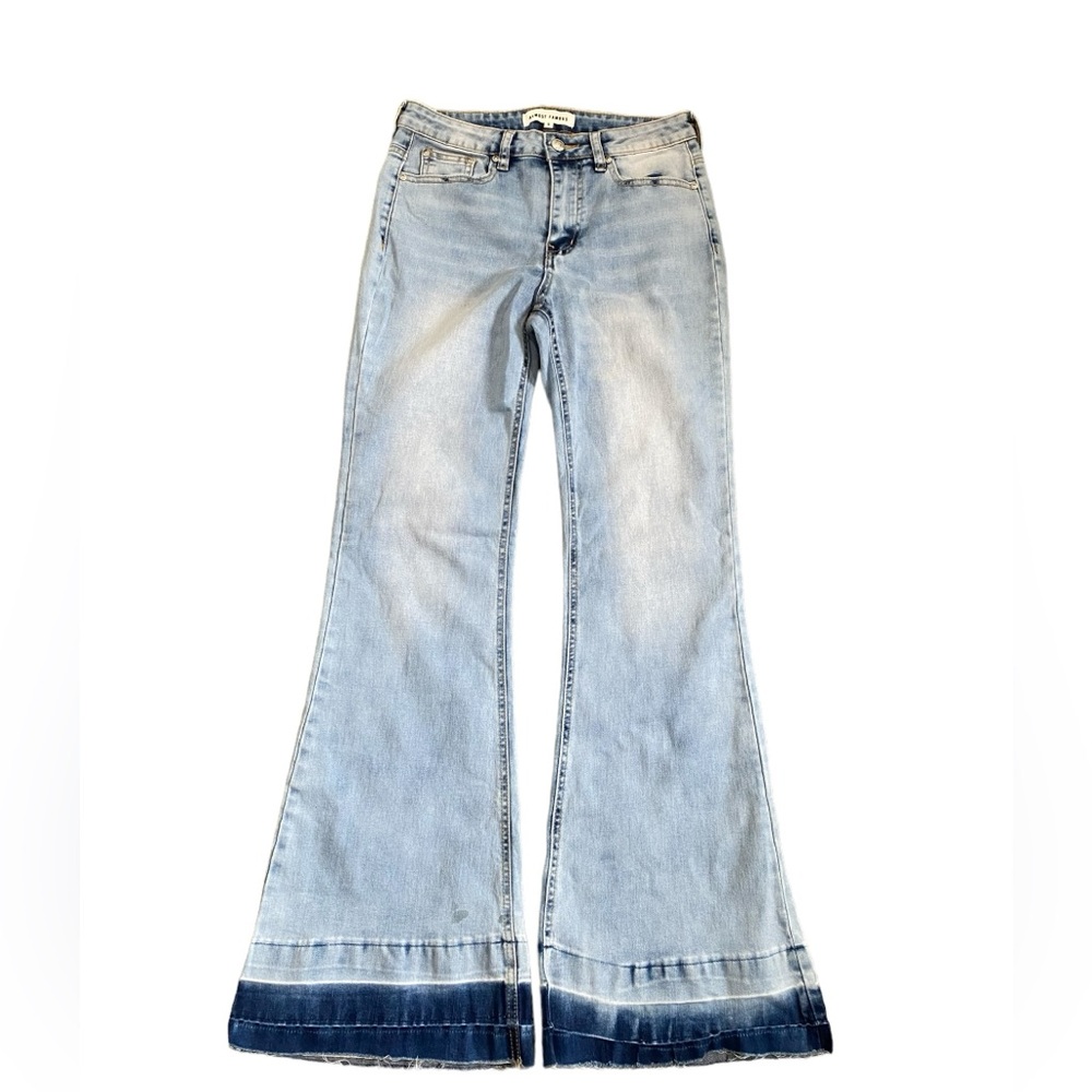 Girls Almost Famous High Rise Flare Denim Jeans Two toned raw hem bottom Sz 5